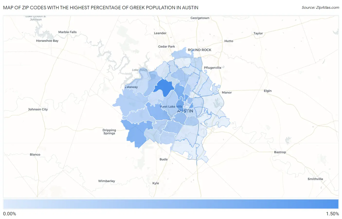 Zip Codes with the Highest Percentage of Greek Population in Austin Map