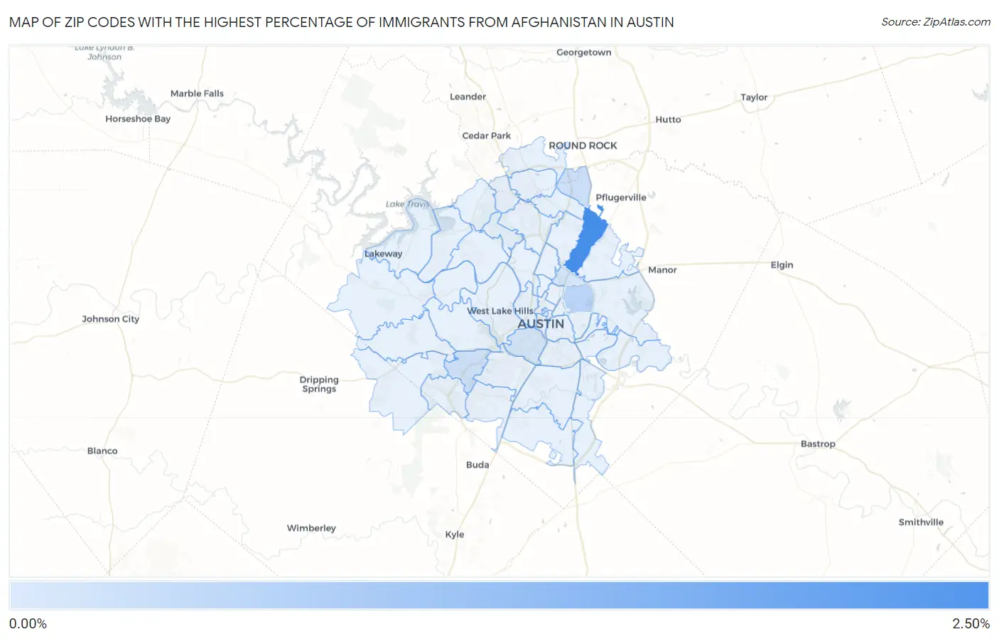 Zip Codes with the Highest Percentage of Immigrants from Afghanistan in Austin Map