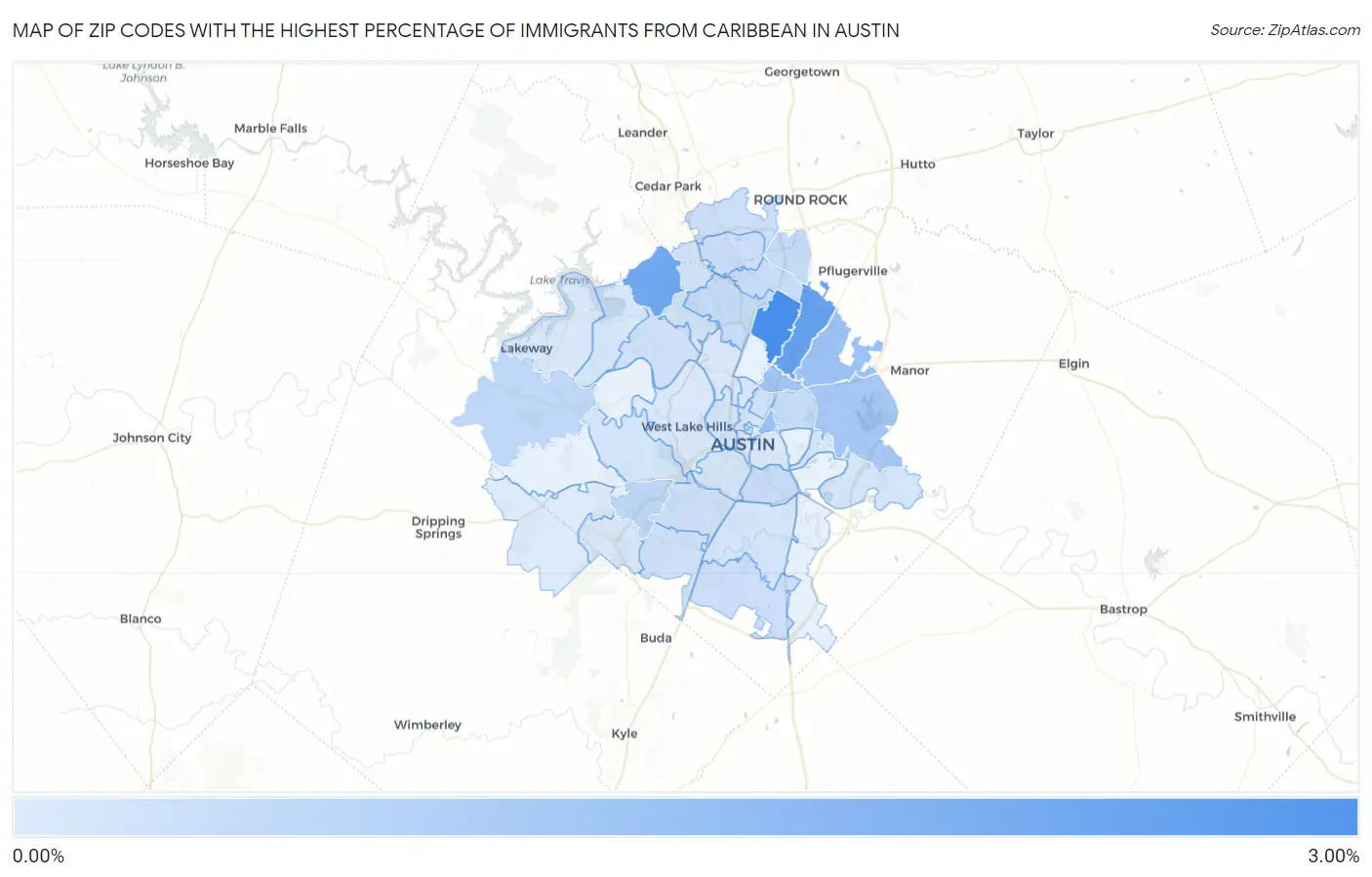 Zip Codes with the Highest Percentage of Immigrants from Caribbean in Austin Map