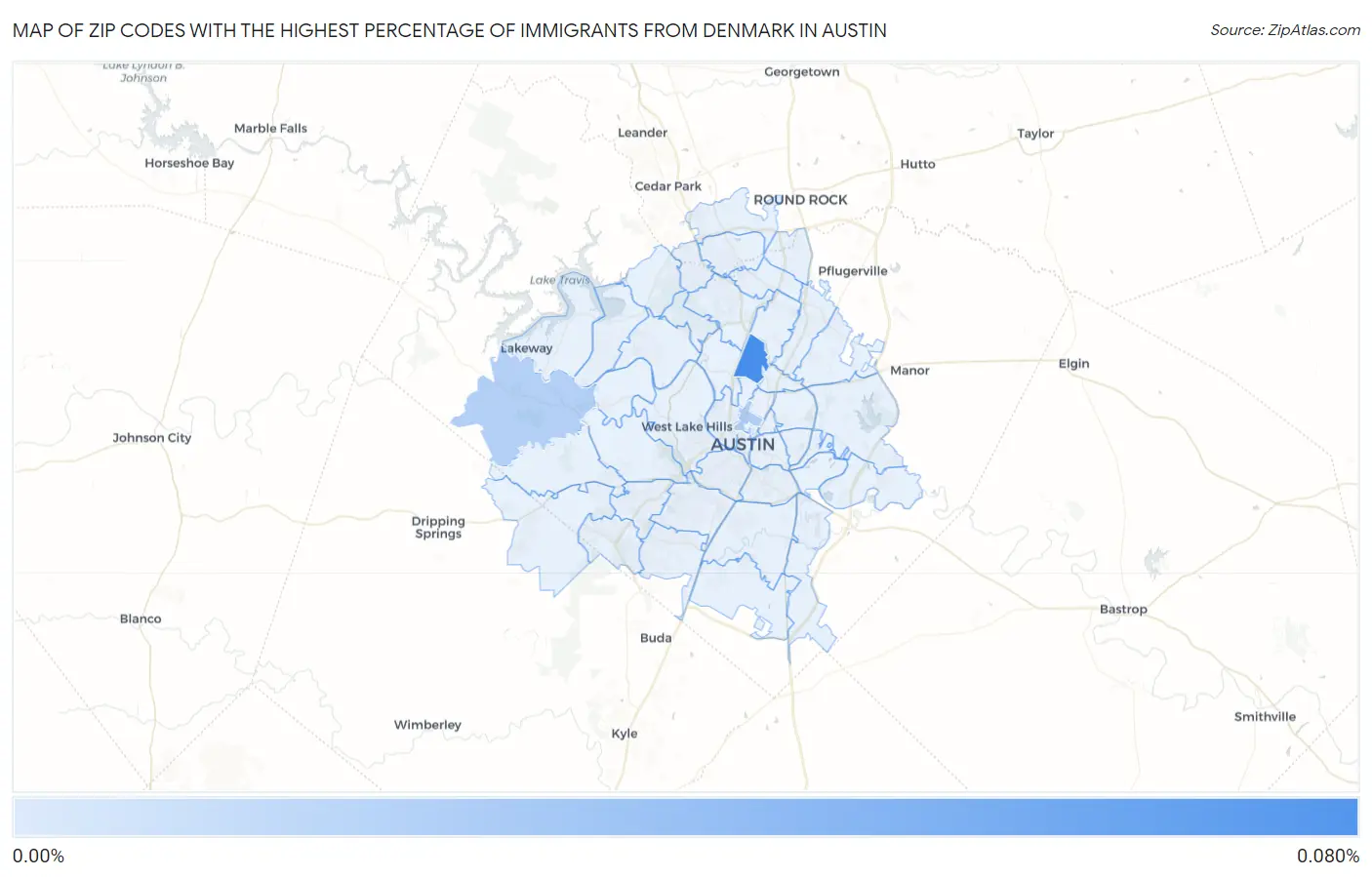Zip Codes with the Highest Percentage of Immigrants from Denmark in Austin Map