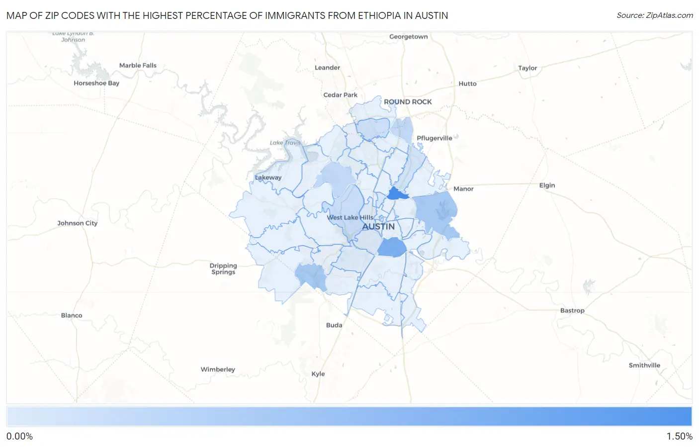 Zip Codes with the Highest Percentage of Immigrants from Ethiopia in Austin Map