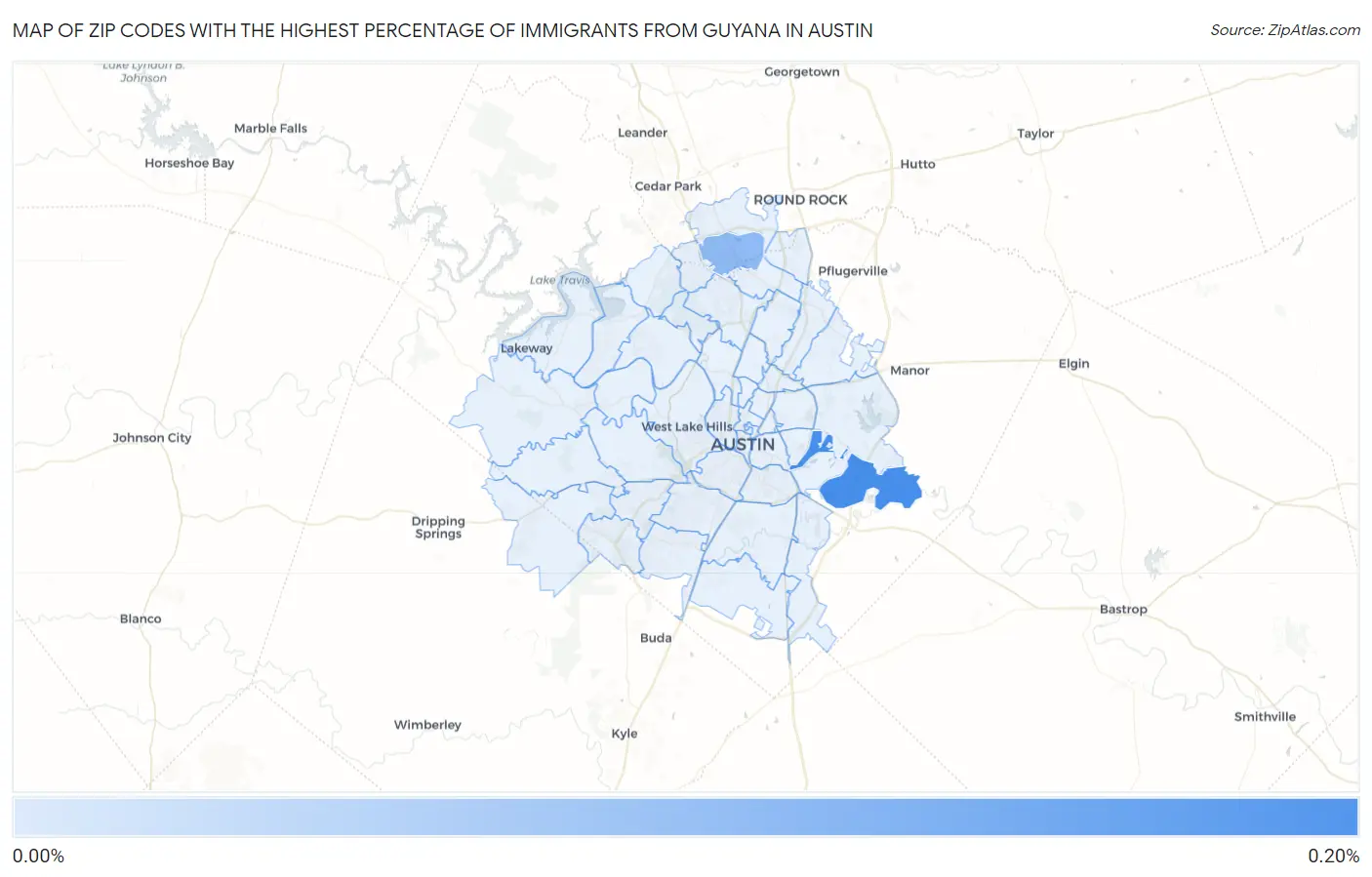Zip Codes with the Highest Percentage of Immigrants from Guyana in Austin Map