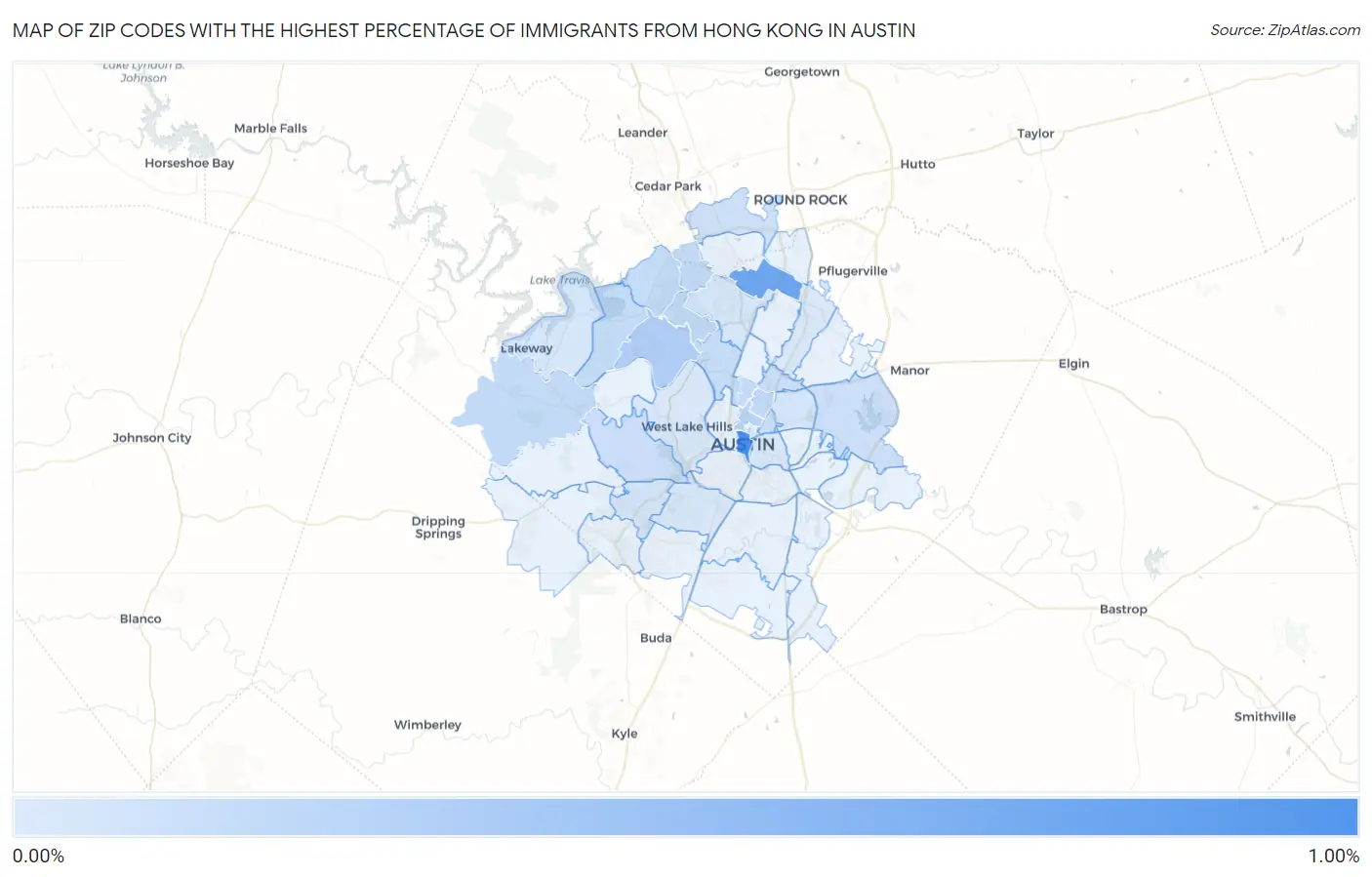Zip Codes with the Highest Percentage of Immigrants from Hong Kong in Austin Map