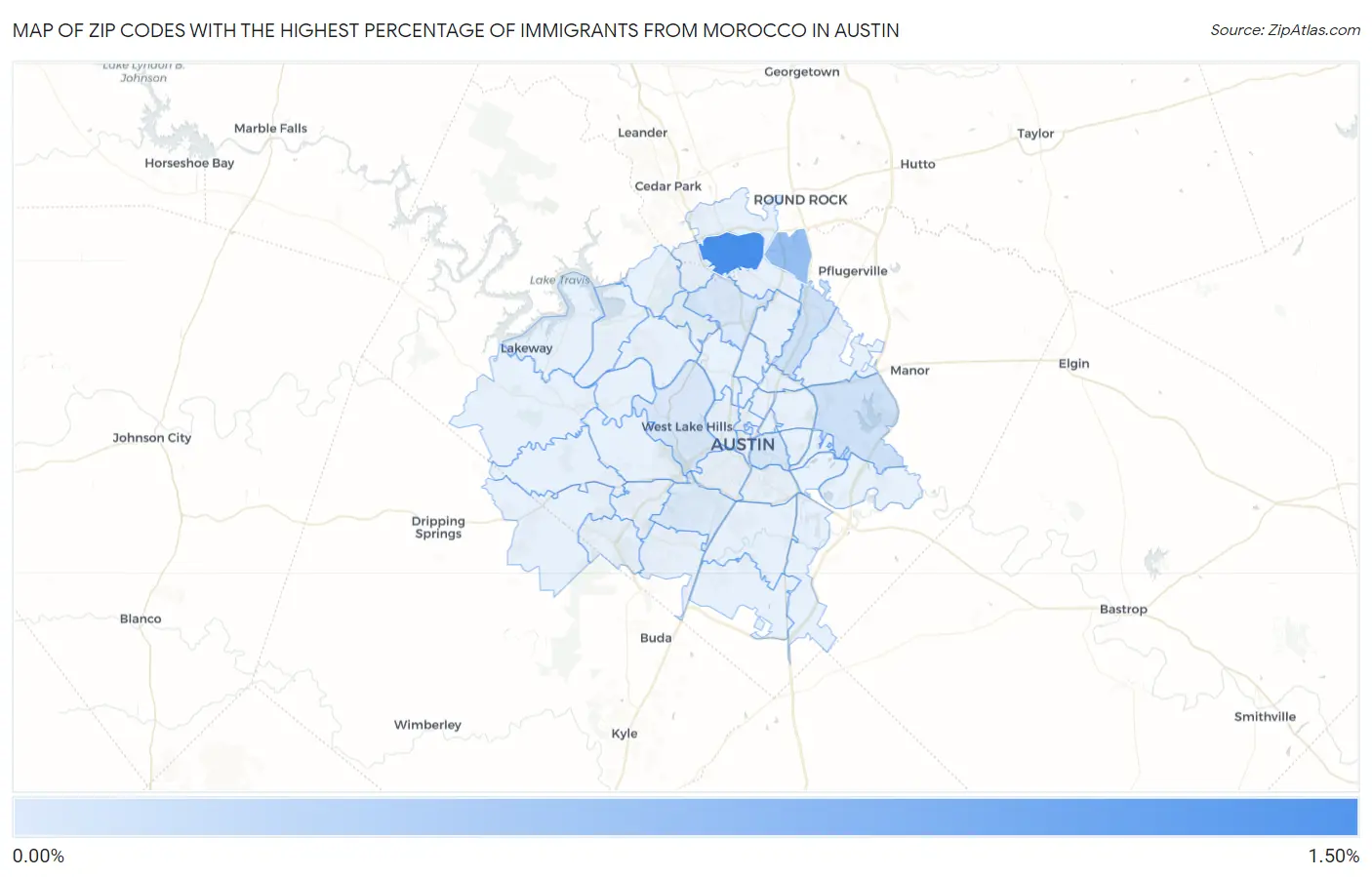 Zip Codes with the Highest Percentage of Immigrants from Morocco in Austin Map