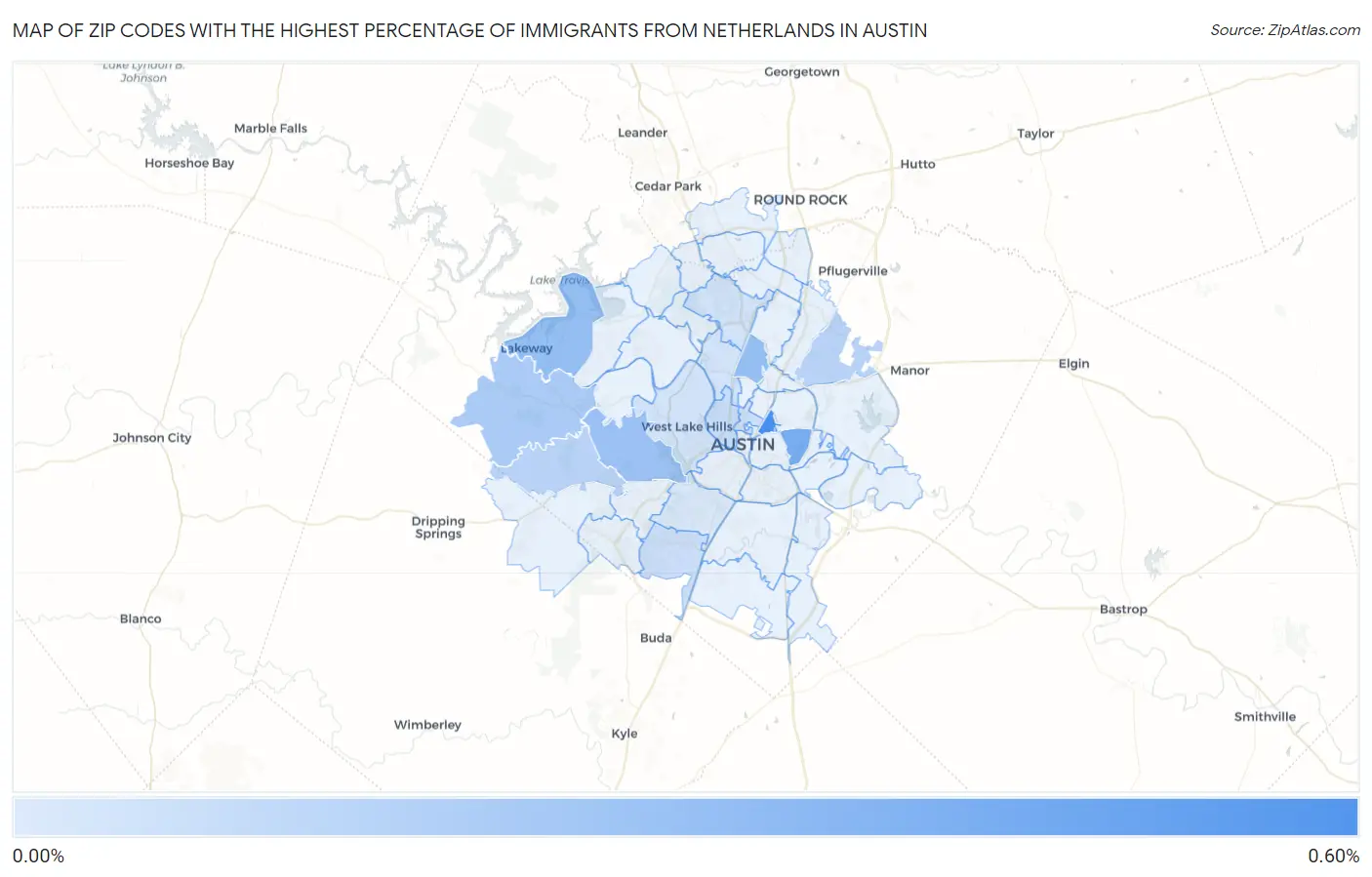 Zip Codes with the Highest Percentage of Immigrants from Netherlands in Austin Map