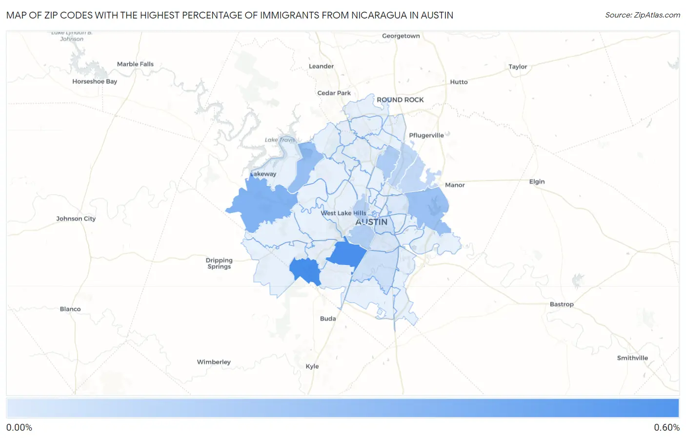 Zip Codes with the Highest Percentage of Immigrants from Nicaragua in Austin Map