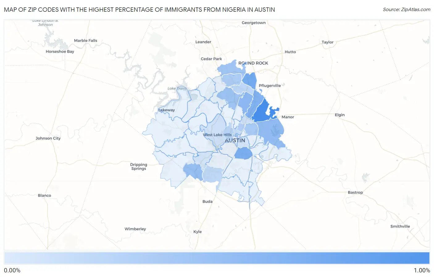Zip Codes with the Highest Percentage of Immigrants from Nigeria in Austin Map