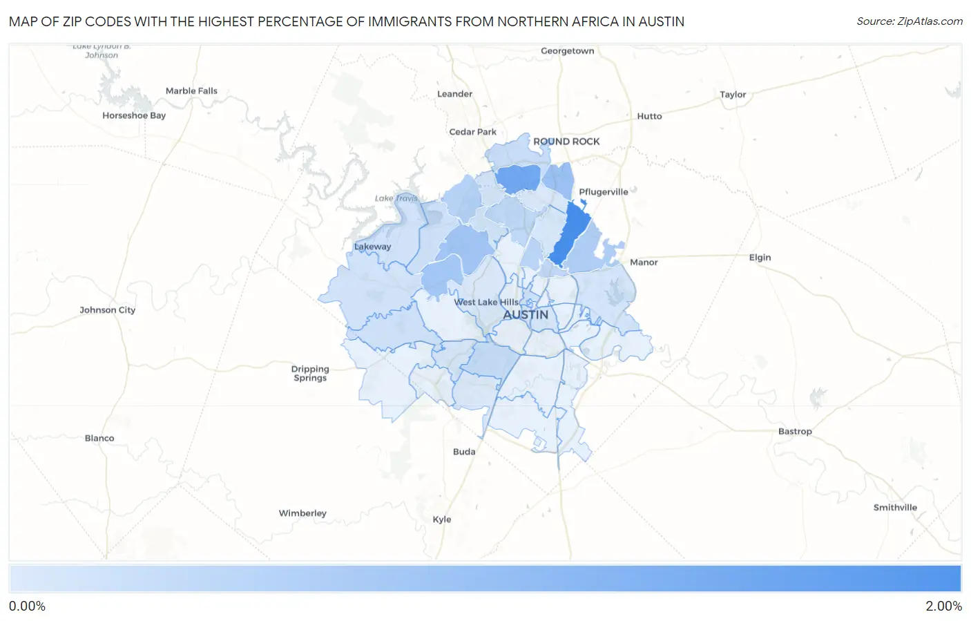 Zip Codes with the Highest Percentage of Immigrants from Northern Africa in Austin Map
