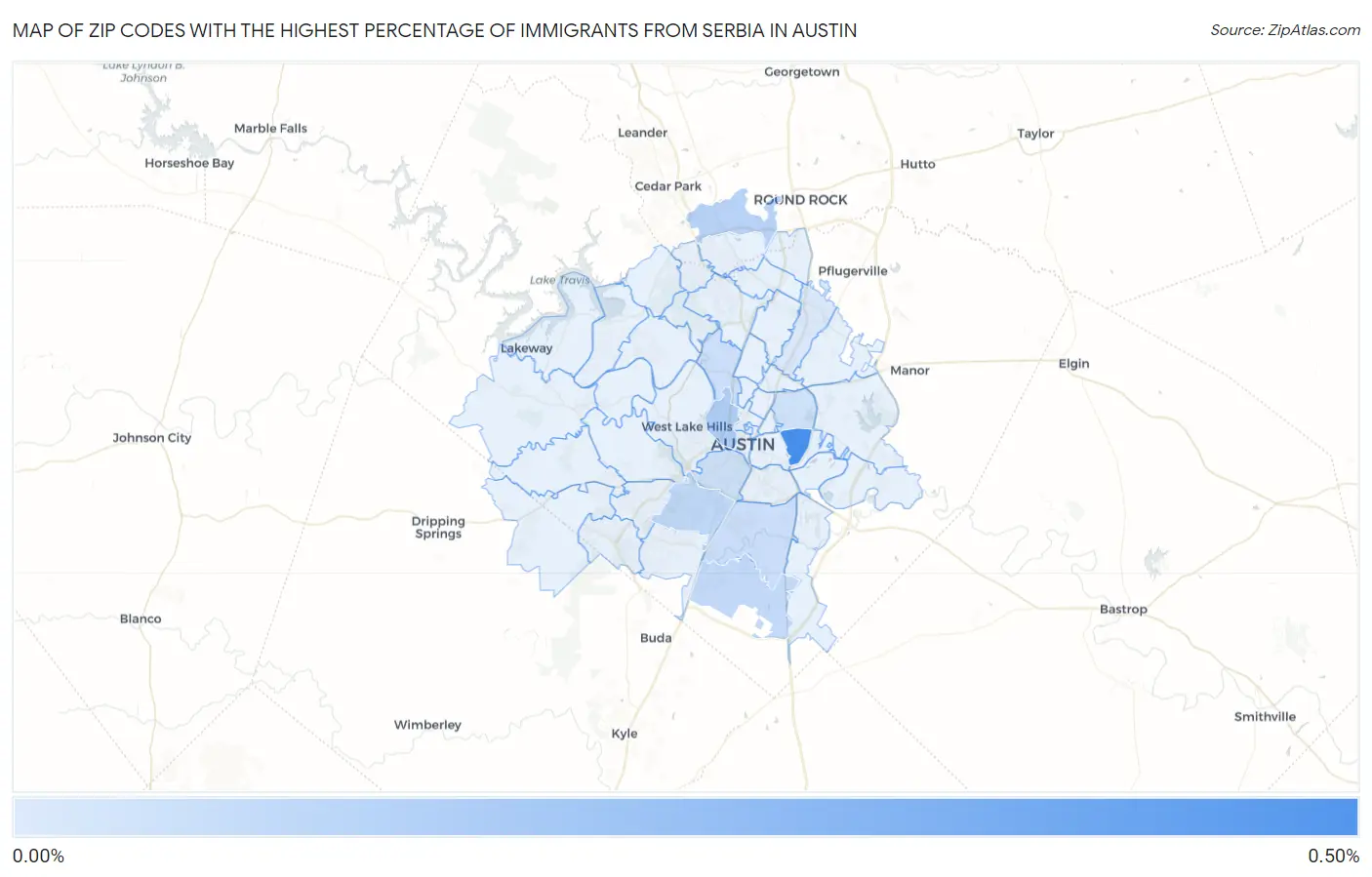 Zip Codes with the Highest Percentage of Immigrants from Serbia in Austin Map