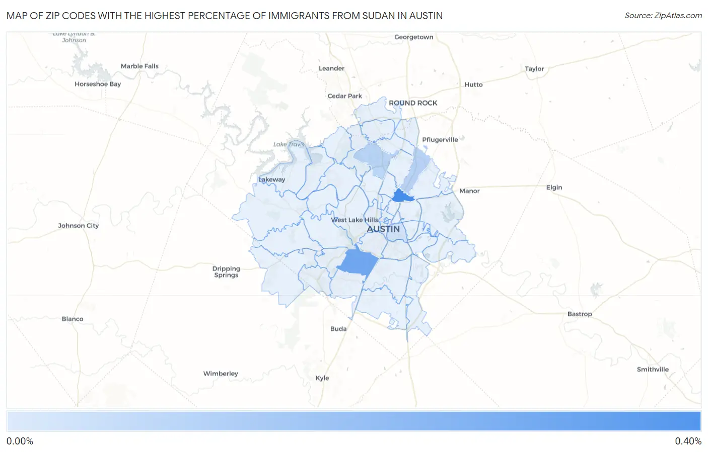 Zip Codes with the Highest Percentage of Immigrants from Sudan in Austin Map