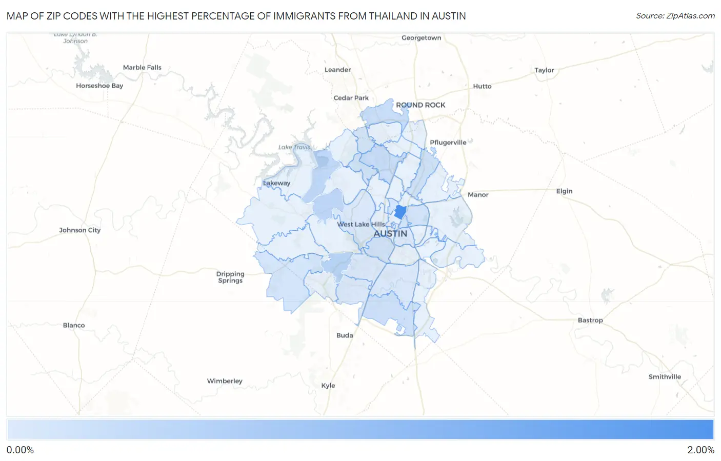 Zip Codes with the Highest Percentage of Immigrants from Thailand in Austin Map