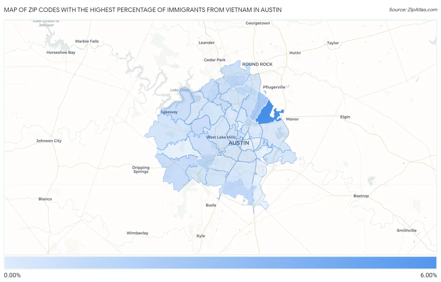 Zip Codes with the Highest Percentage of Immigrants from Vietnam in Austin Map