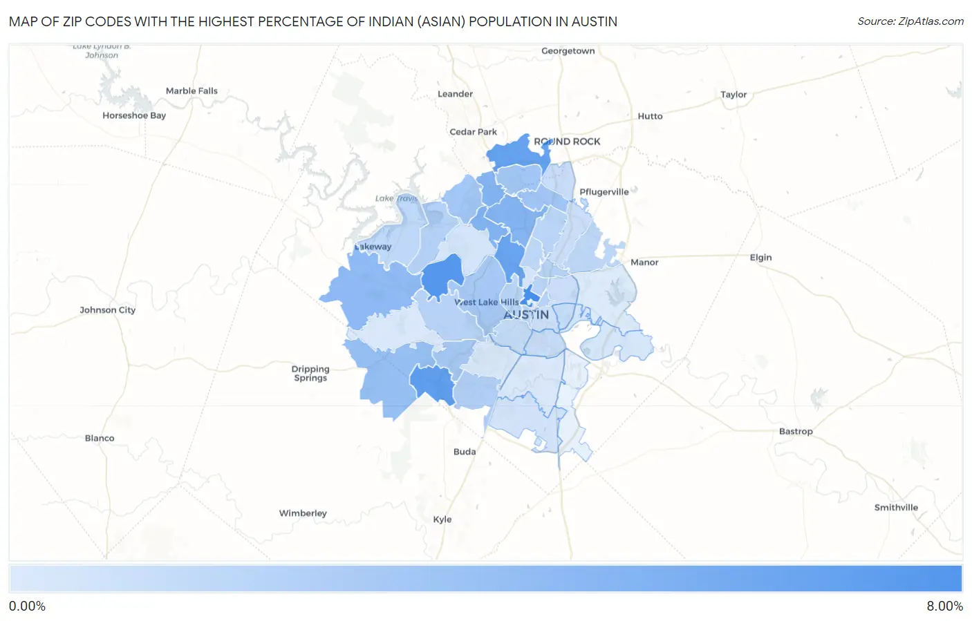 Zip Codes with the Highest Percentage of Indian (Asian) Population in Austin Map