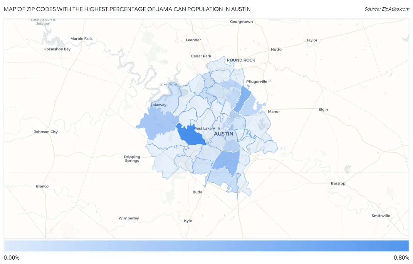 Zip Codes with the Highest Percentage of Jamaican Population in Austin Map