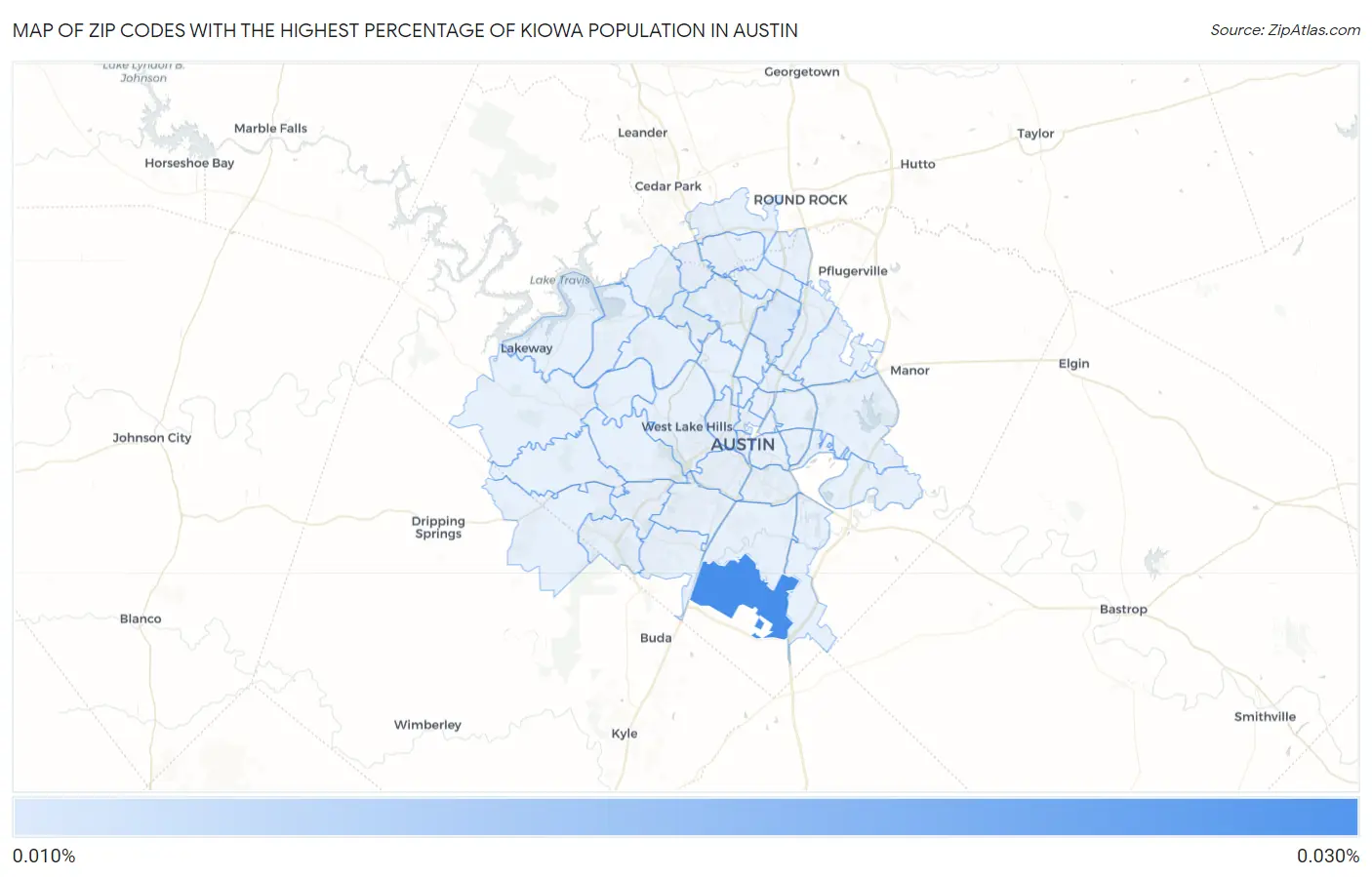 Zip Codes with the Highest Percentage of Kiowa Population in Austin Map