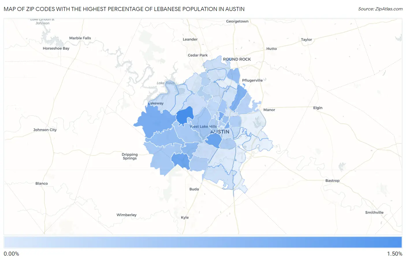 Zip Codes with the Highest Percentage of Lebanese Population in Austin Map