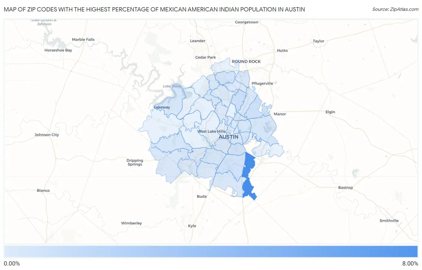 Zip Codes with the Highest Percentage of Mexican American Indian Population in Austin Map