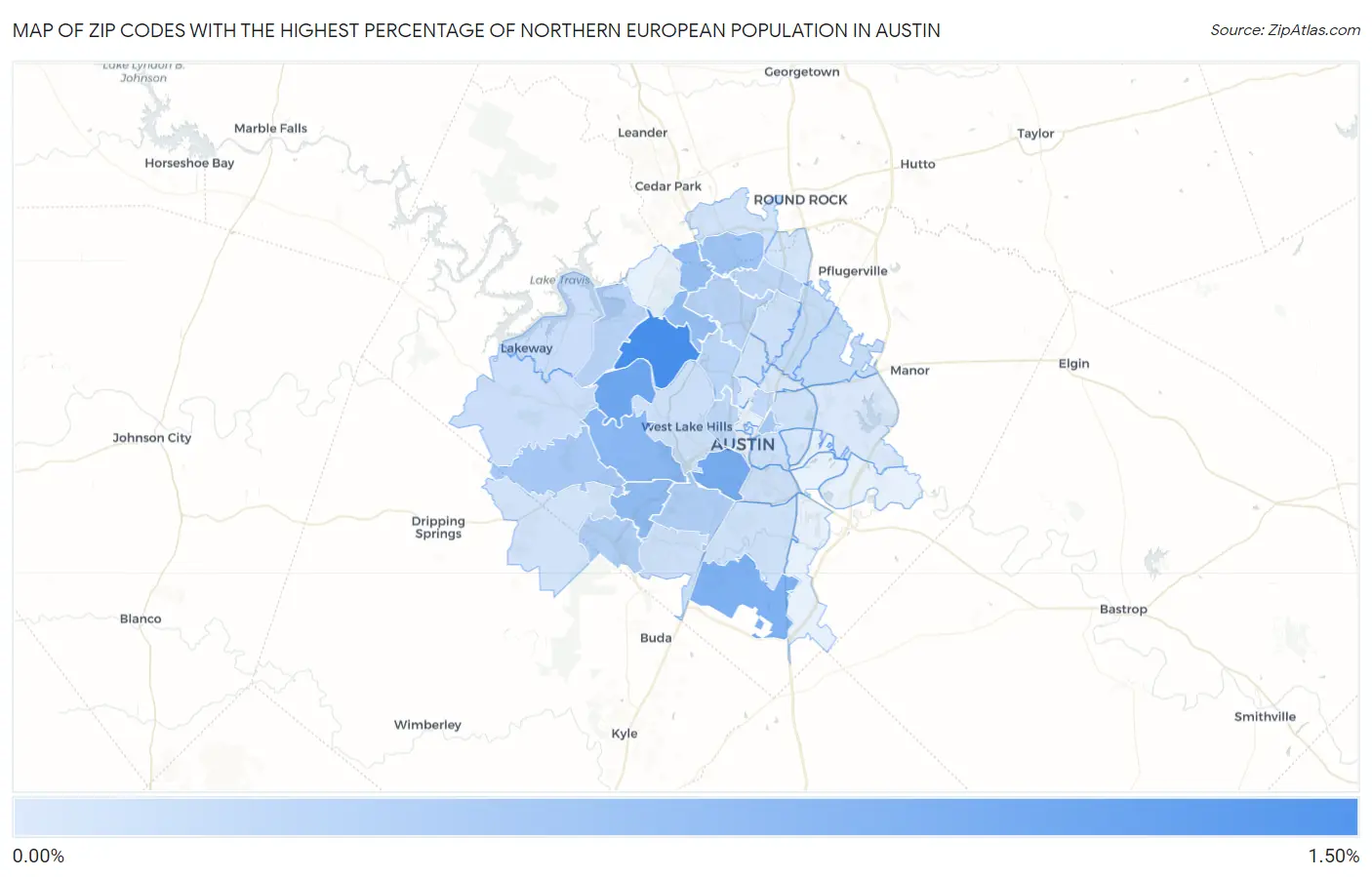 Zip Codes with the Highest Percentage of Northern European Population in Austin Map