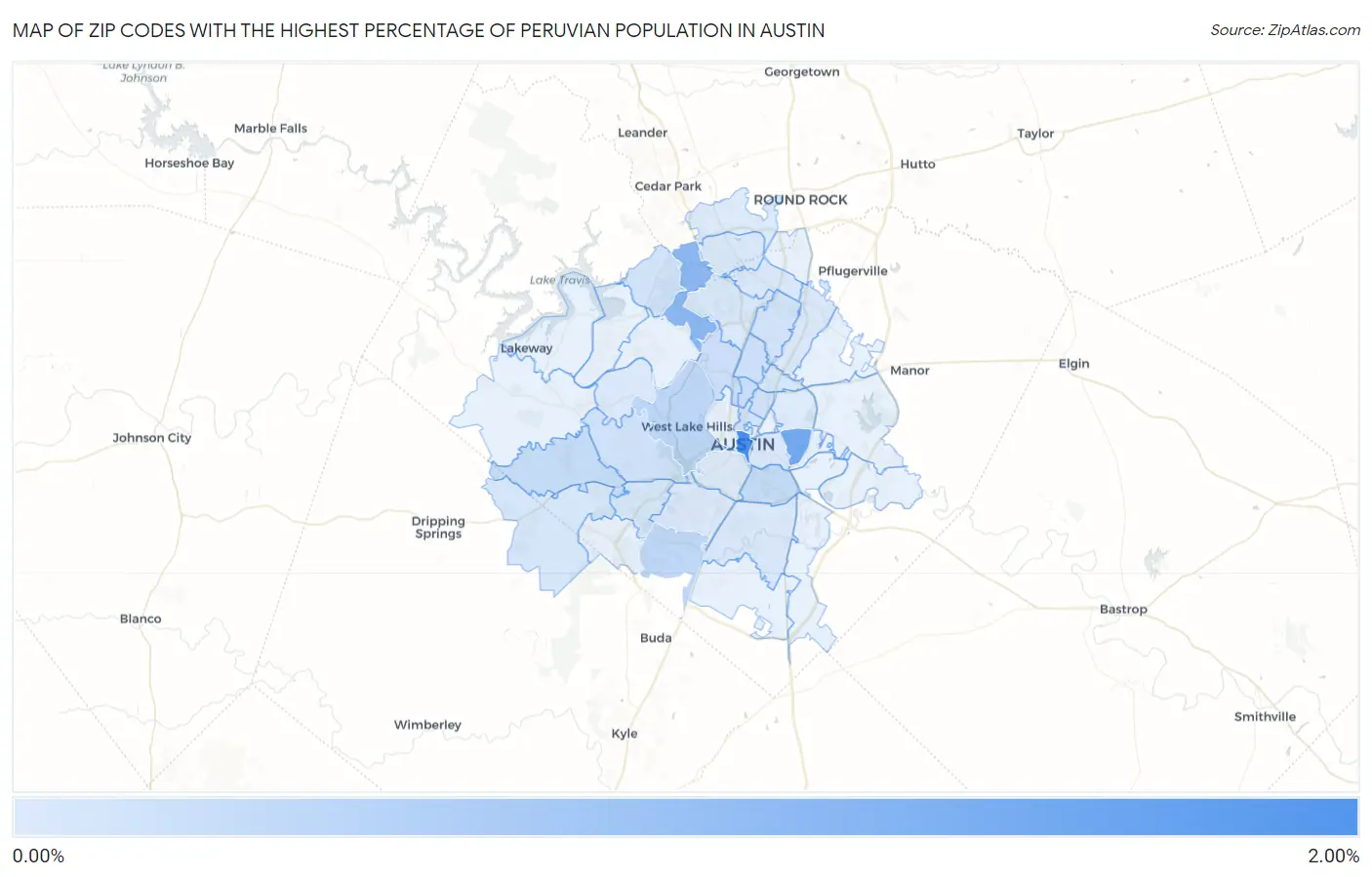 Zip Codes with the Highest Percentage of Peruvian Population in Austin Map