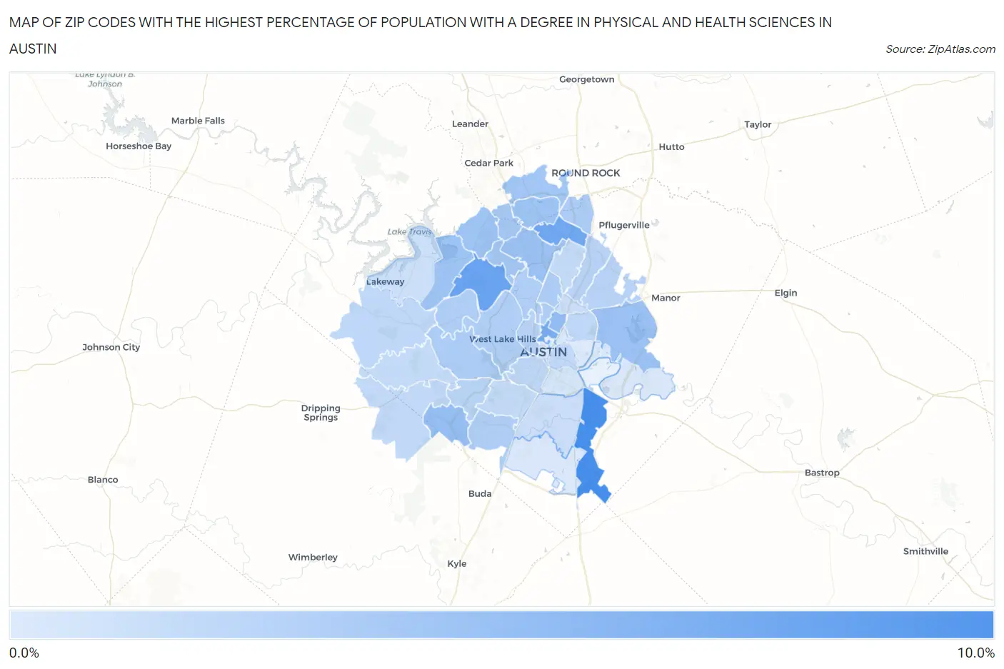 Zip Codes with the Highest Percentage of Population with a Degree in Physical and Health Sciences in Austin Map