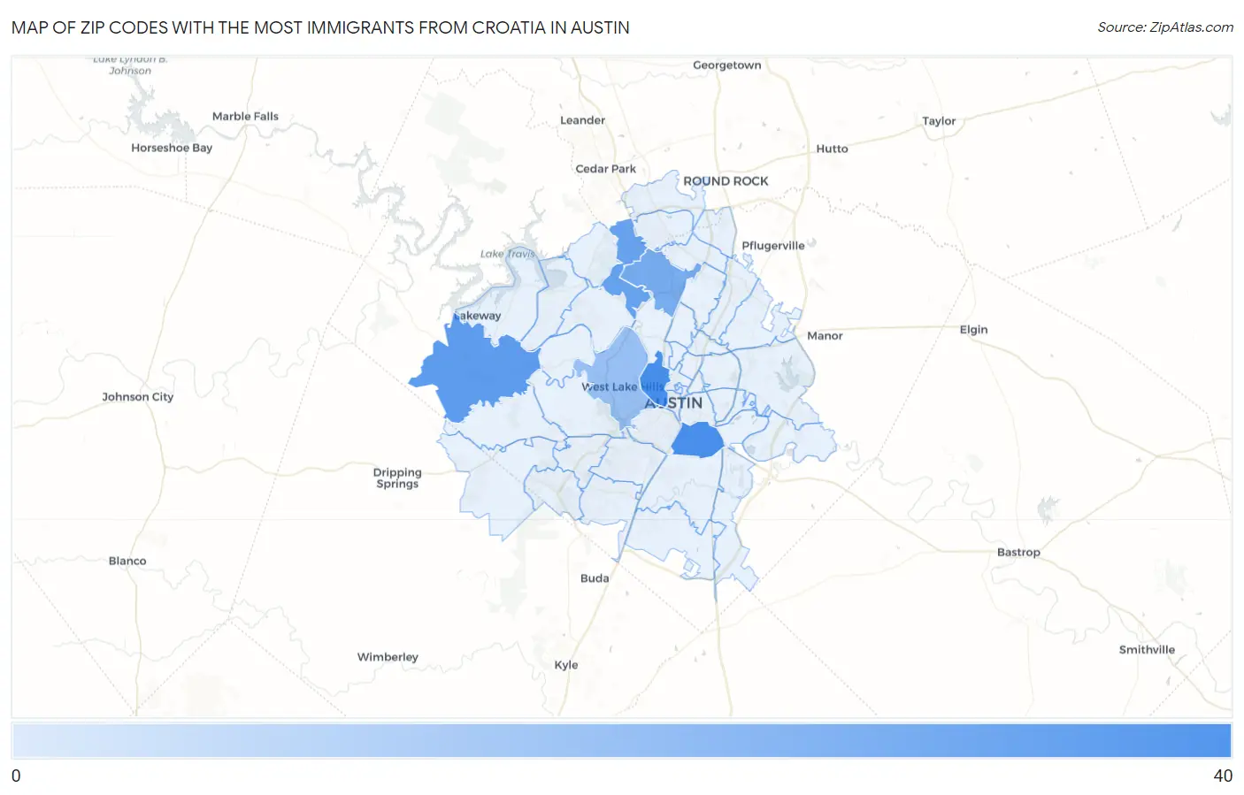 Zip Codes with the Most Immigrants from Croatia in Austin Map