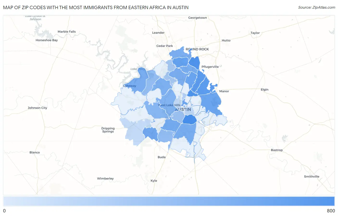 Zip Codes with the Most Immigrants from Eastern Africa in Austin Map