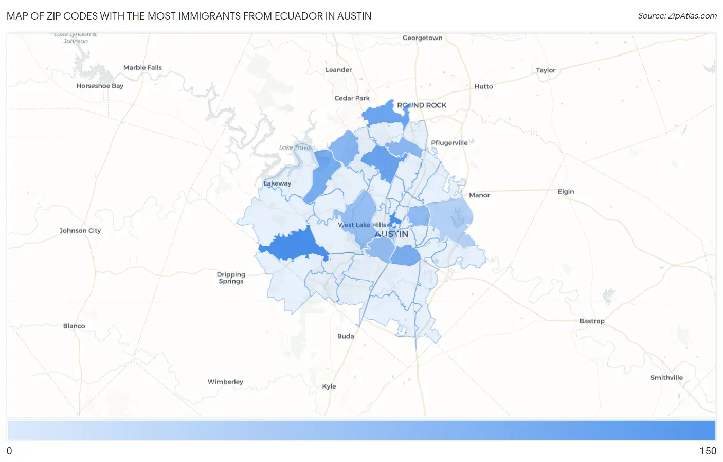 Zip Codes with the Most Immigrants from Ecuador in Austin Map