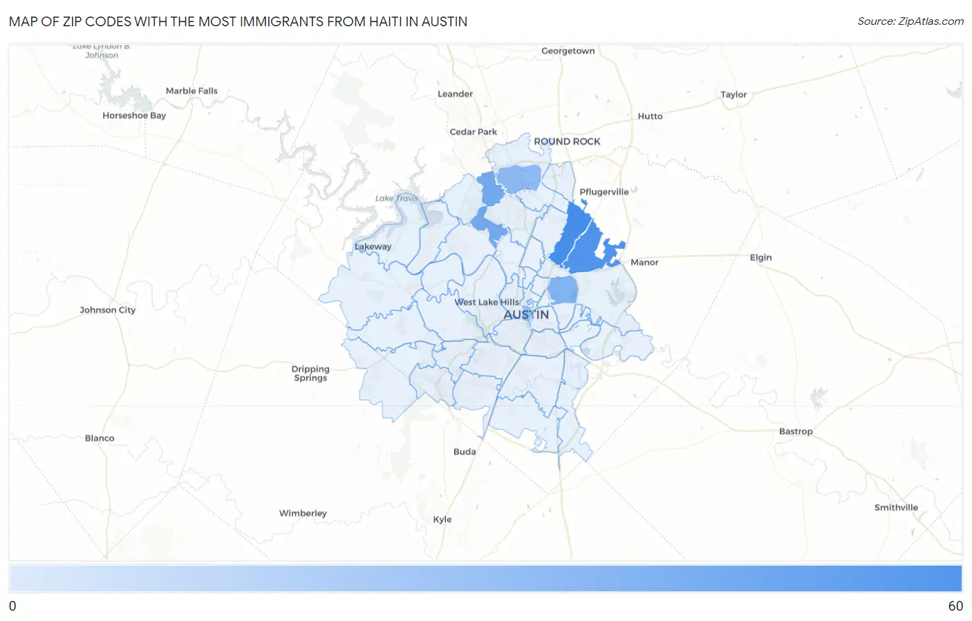 Zip Codes with the Most Immigrants from Haiti in Austin Map