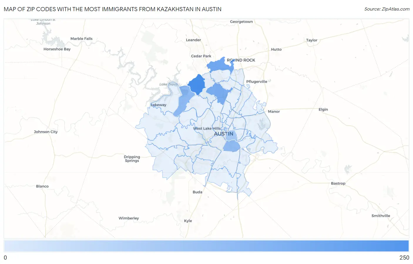 Zip Codes with the Most Immigrants from Kazakhstan in Austin Map