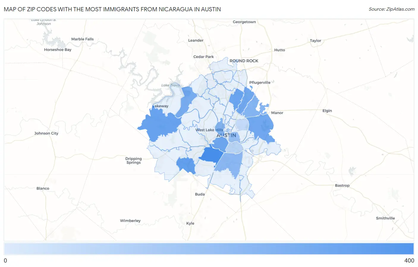 Zip Codes with the Most Immigrants from Nicaragua in Austin Map