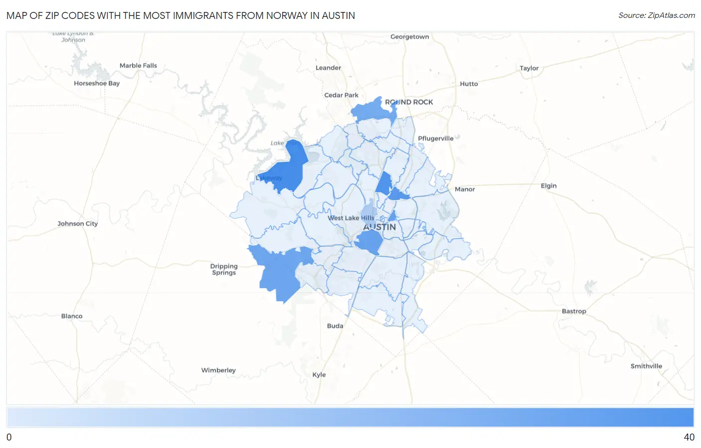 Zip Codes with the Most Immigrants from Norway in Austin Map