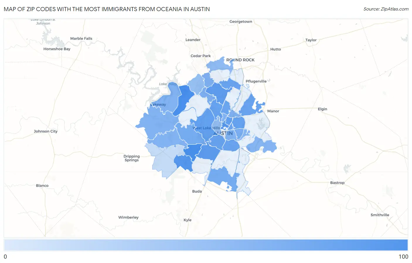 Zip Codes with the Most Immigrants from Oceania in Austin Map