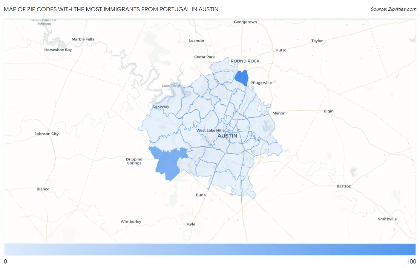 Zip Codes with the Most Immigrants from Portugal in Austin Map