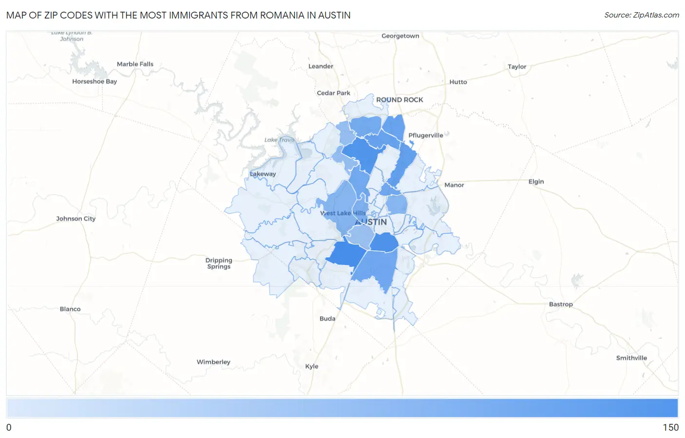 Zip Codes with the Most Immigrants from Romania in Austin Map