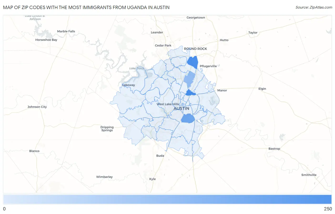 Zip Codes with the Most Immigrants from Uganda in Austin Map