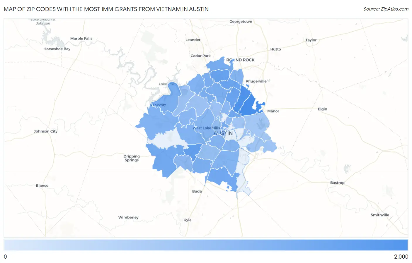 Zip Codes with the Most Immigrants from Vietnam in Austin Map