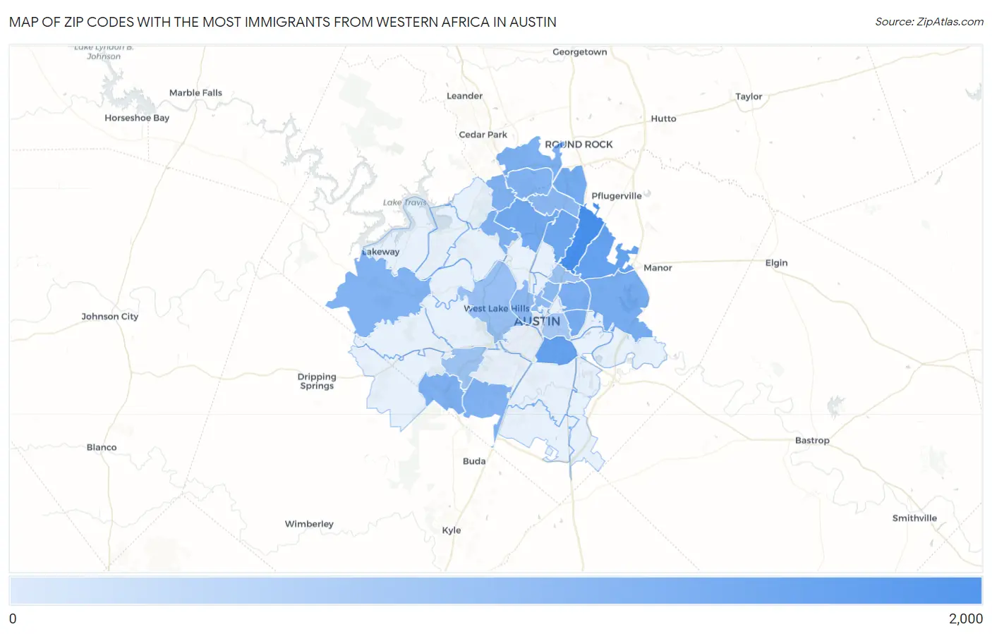 Zip Codes with the Most Immigrants from Western Africa in Austin Map