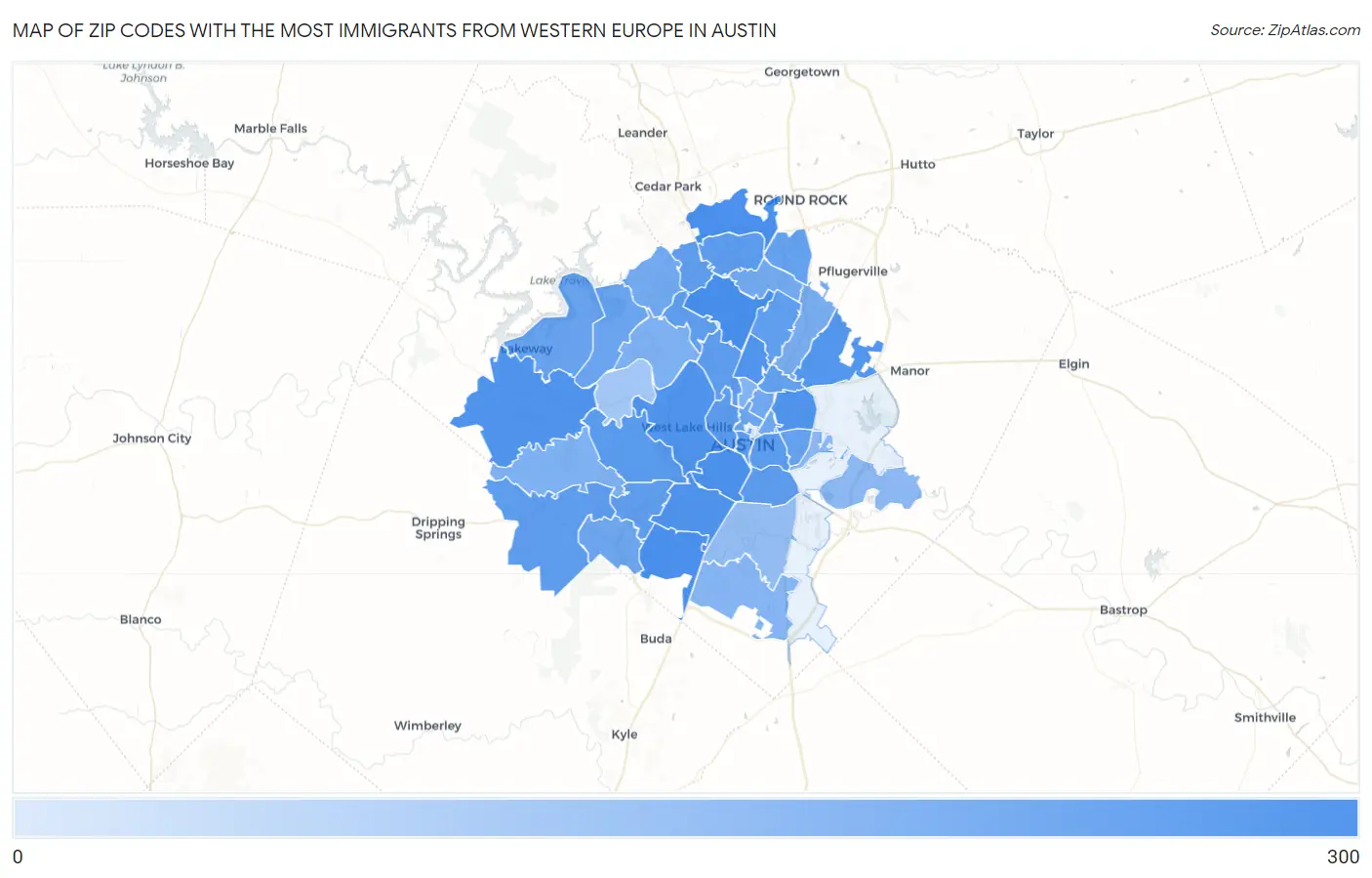 Zip Codes with the Most Immigrants from Western Europe in Austin Map
