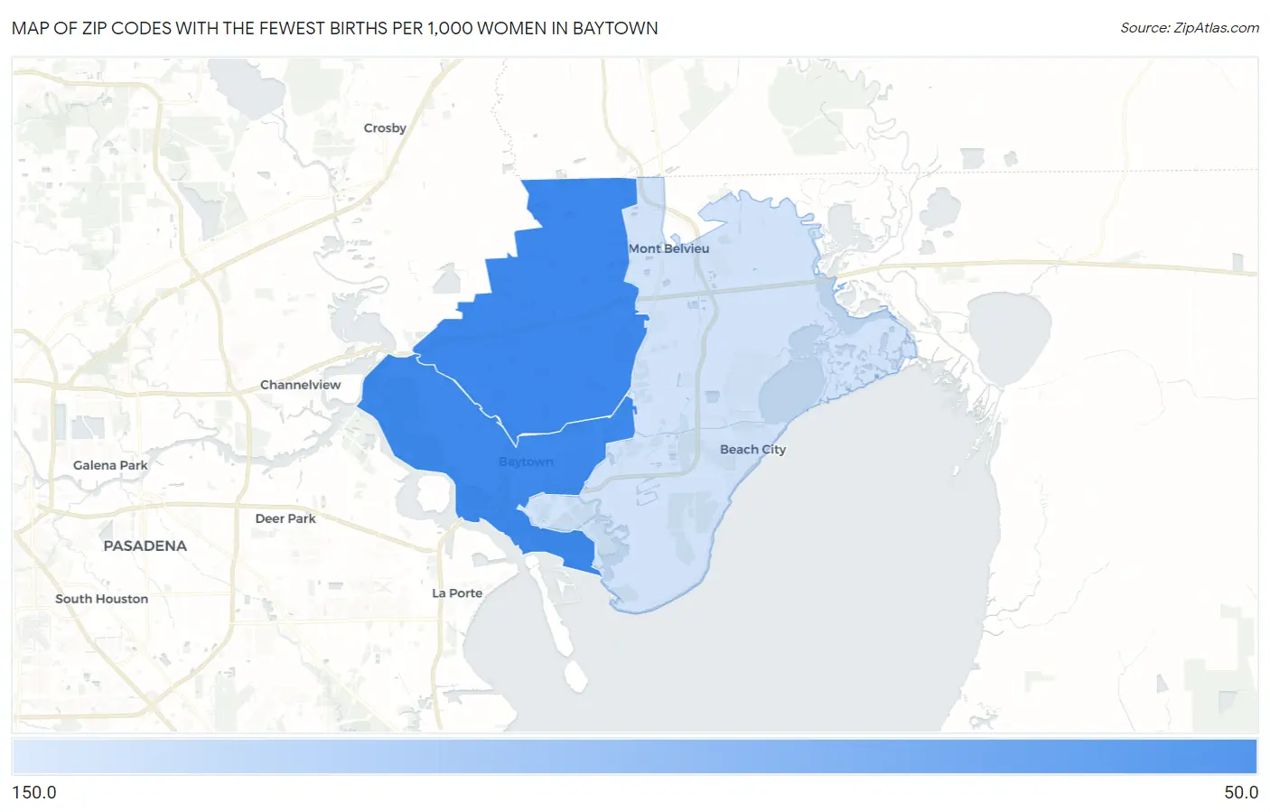 Zip Codes with the Fewest Births per 1,000 Women in Baytown Map