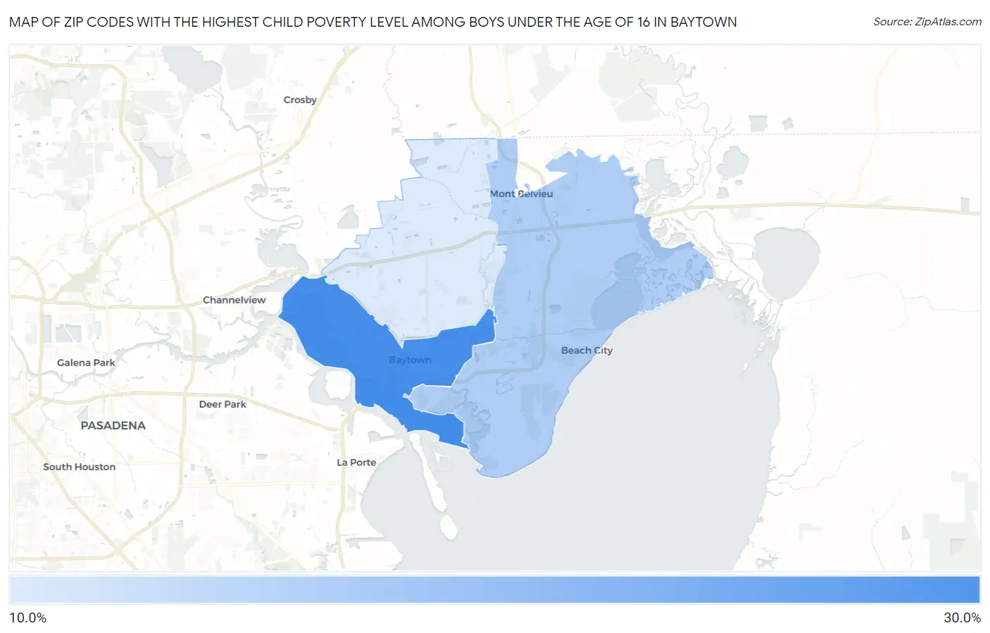 Zip Codes with the Highest Child Poverty Level Among Boys Under the Age of 16 in Baytown Map