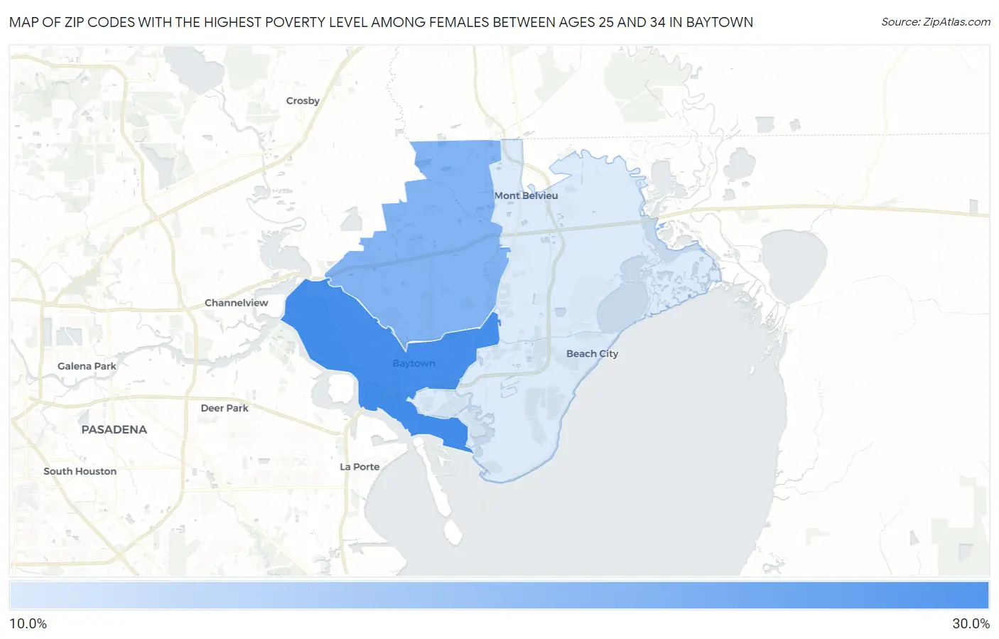 Zip Codes with the Highest Poverty Level Among Females Between Ages 25 and 34 in Baytown Map