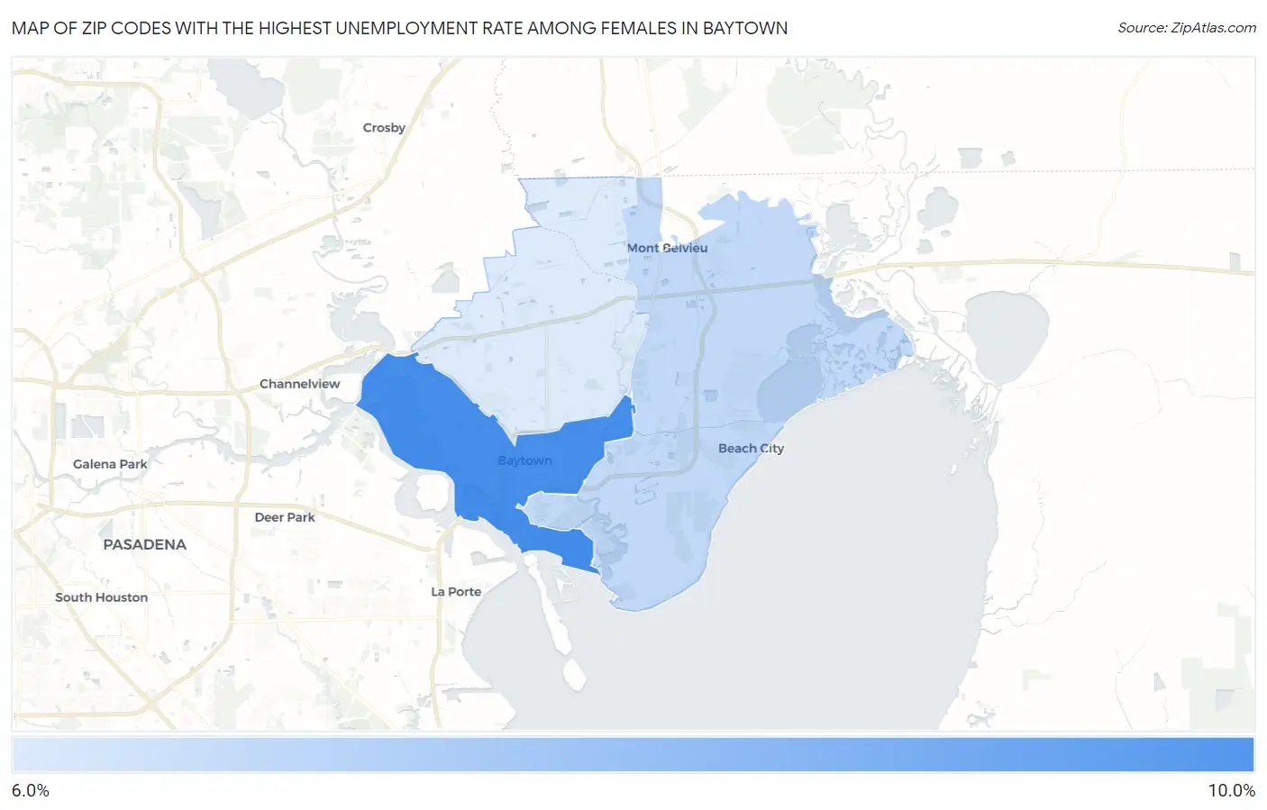 Zip Codes with the Highest Unemployment Rate Among Females in Baytown Map