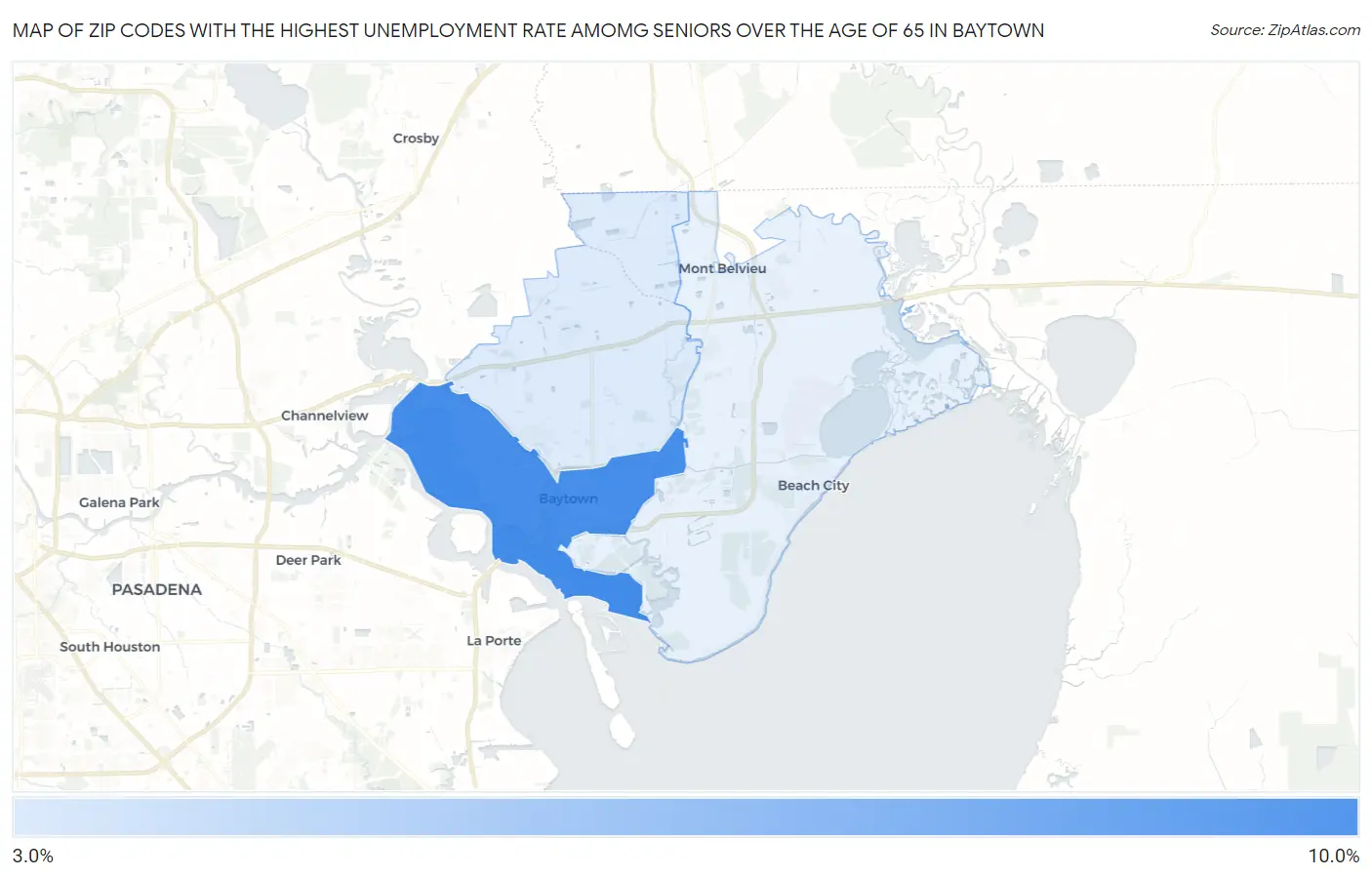 Zip Codes with the Highest Unemployment Rate Amomg Seniors Over the Age of 65 in Baytown Map