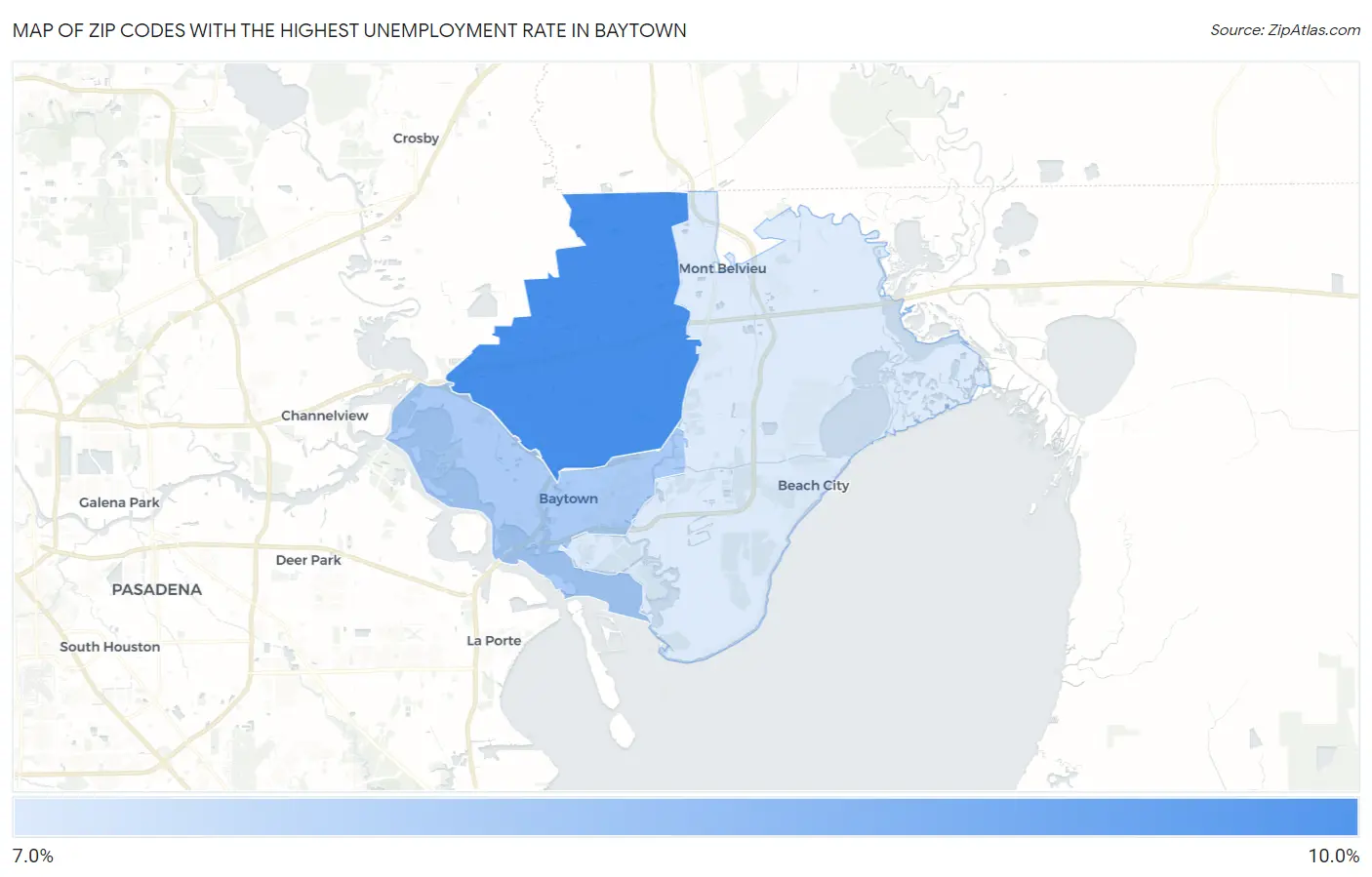 Zip Codes with the Highest Unemployment Rate in Baytown Map