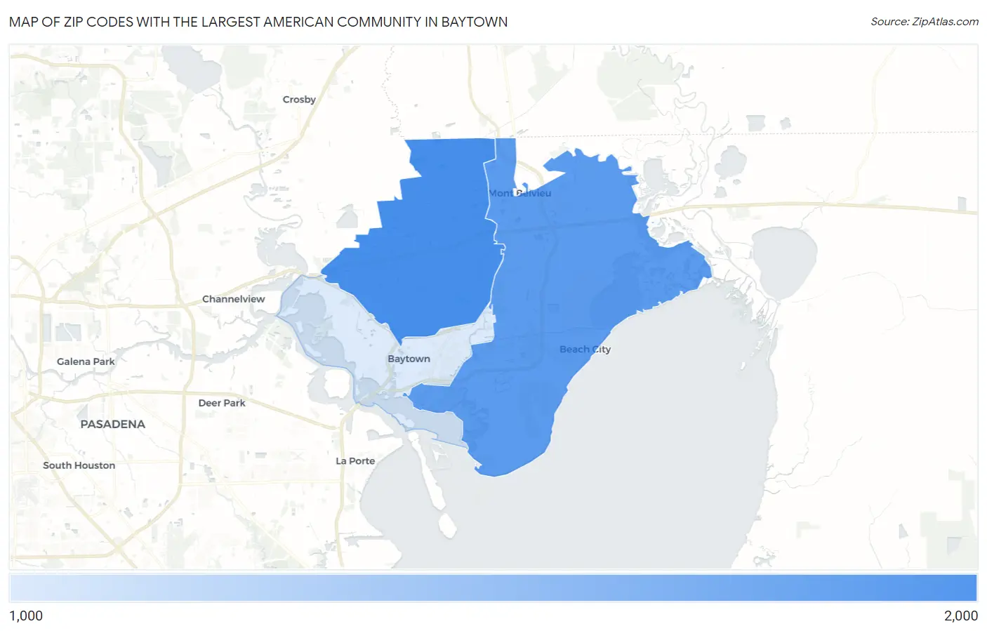 Zip Codes with the Largest American Community in Baytown Map