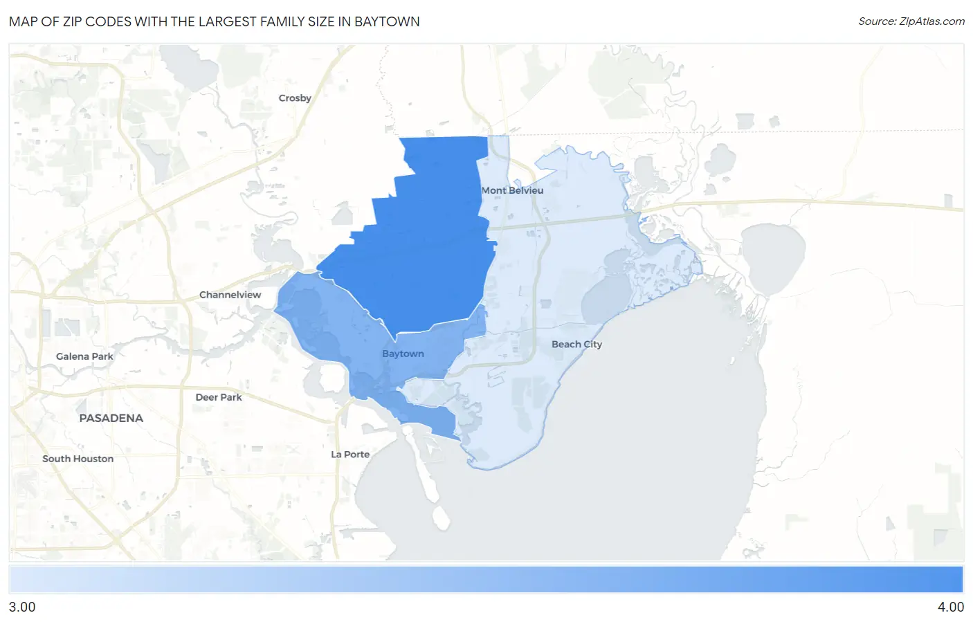 Zip Codes with the Largest Family Size in Baytown Map