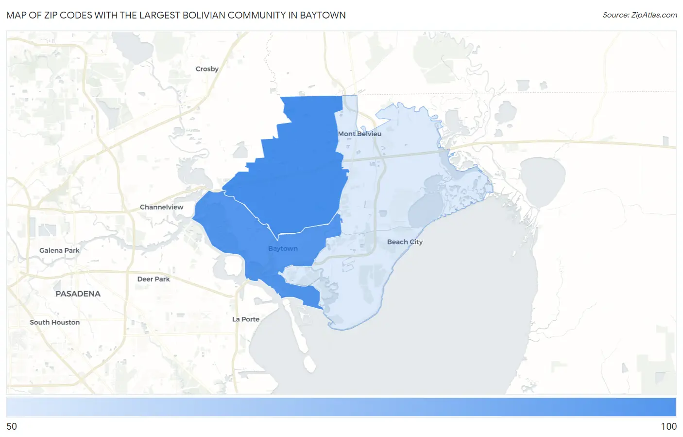 Zip Codes with the Largest Bolivian Community in Baytown Map