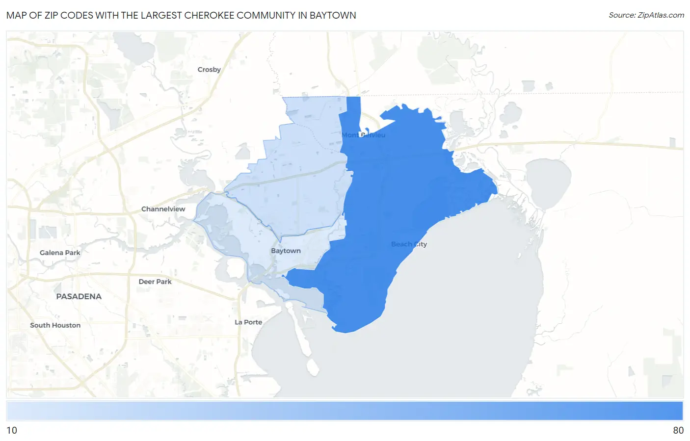 Zip Codes with the Largest Cherokee Community in Baytown Map