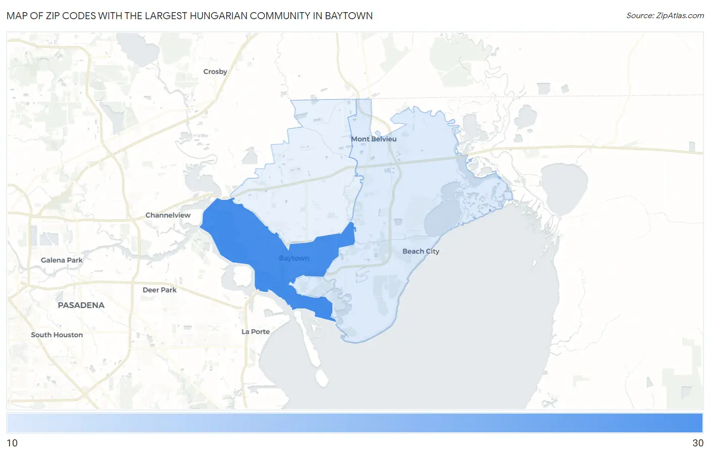 Zip Codes with the Largest Hungarian Community in Baytown Map