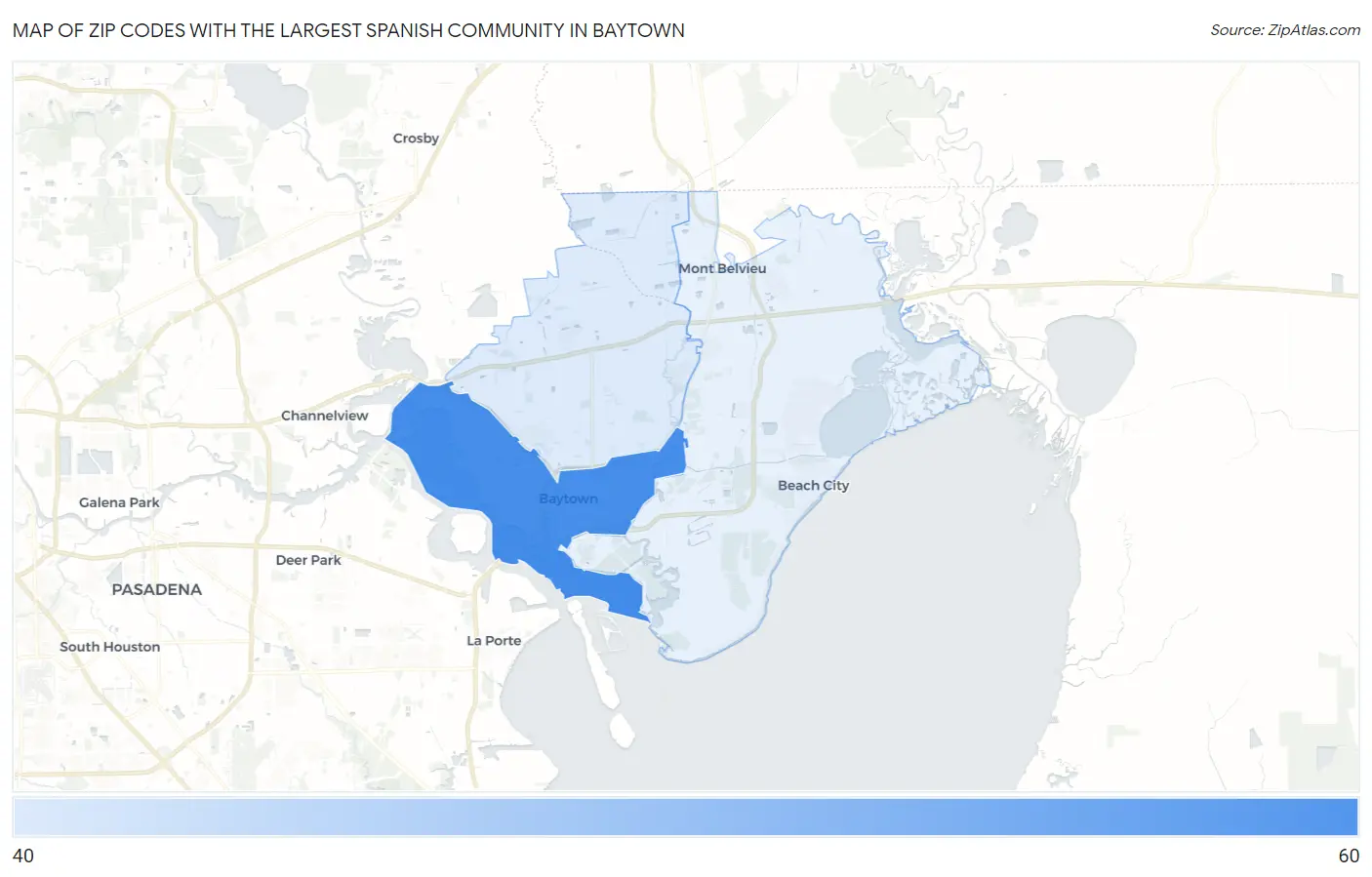 Zip Codes with the Largest Spanish Community in Baytown Map